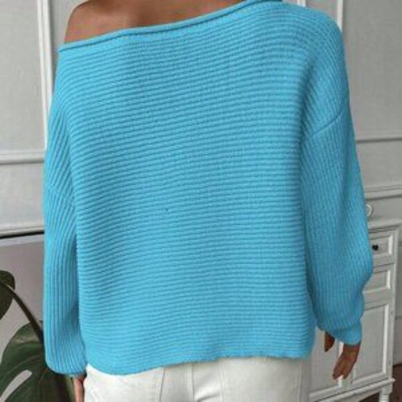 Blue Casual Women's Solid Drop Shoulder Asymmetrical Neck Sweater - Picture 2 of 6